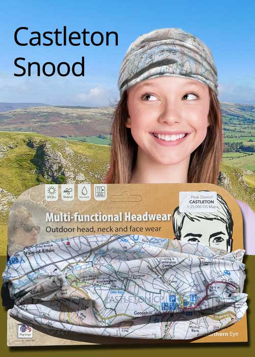 Peak District Castleton 1:25,000 OS Map Snood - map snoods for sale buff neck gaiter scarf neck warmer