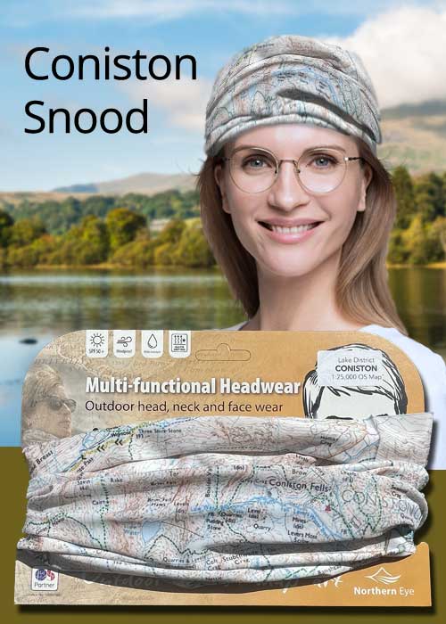 Lake District Coniston 1:25,000 OS Map Snood - map snoods for sale buff neck gaiter scarf neck warmer
