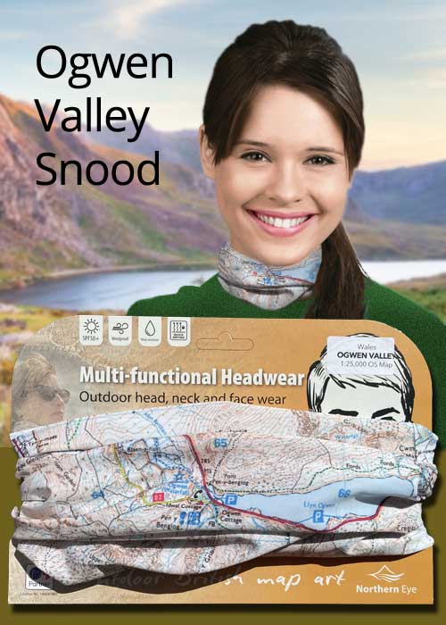 Snowdonia Ogwen Valley 1:25,000 OS Map Snood - map snoods for sale buff neck gaiter scarf neck warmer