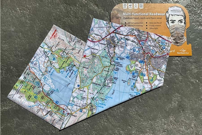 Derwentwater, Lake District 1:25,000 OS map on snood, buff, neck warmer, neck gaiter, scarf, outdoor gift, gift, Christmas present, present, outdoor gift, outdoor, Christmas gift, Christmas present, present, biker bandana, cyclist bandana, cyclist neck warmer, cyclist face mask