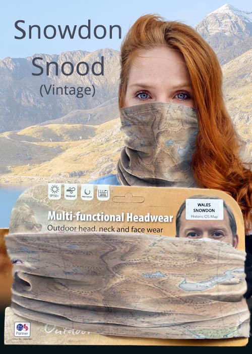 Wales Snowdonia Snowdon historic vintage OS Map Snood - map snoods for sale buff neck gaiter scarf neck warmer